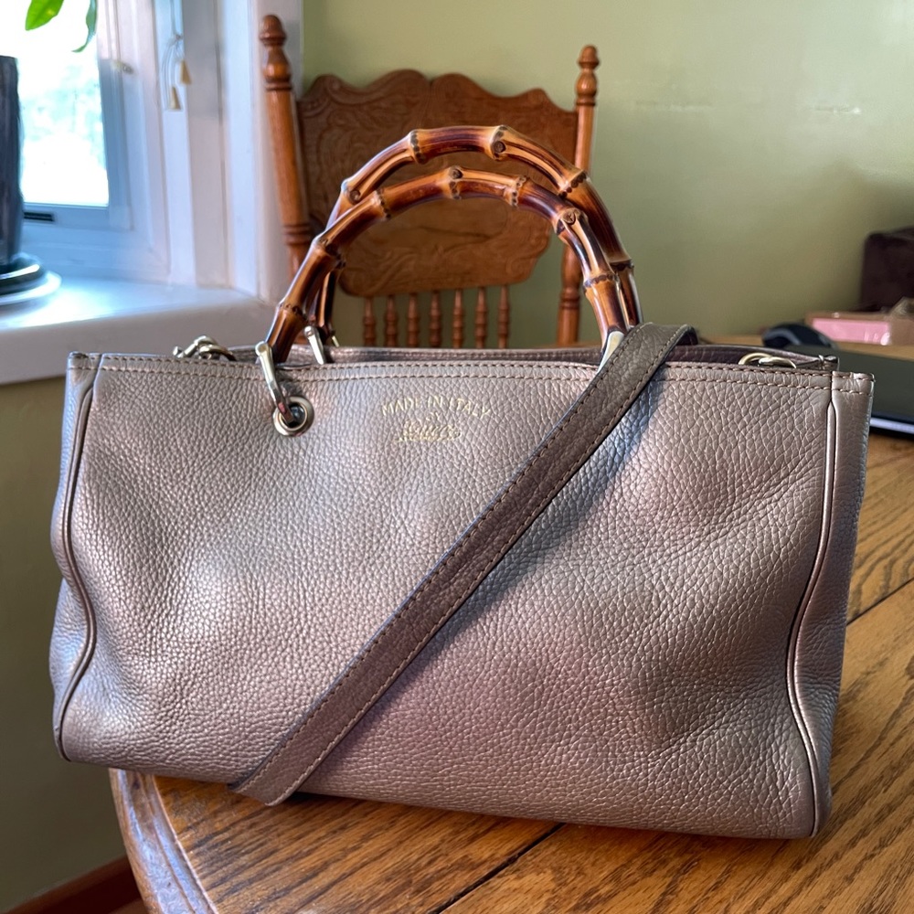 Gucci Metallic Leather Tote with Bamboo Handles